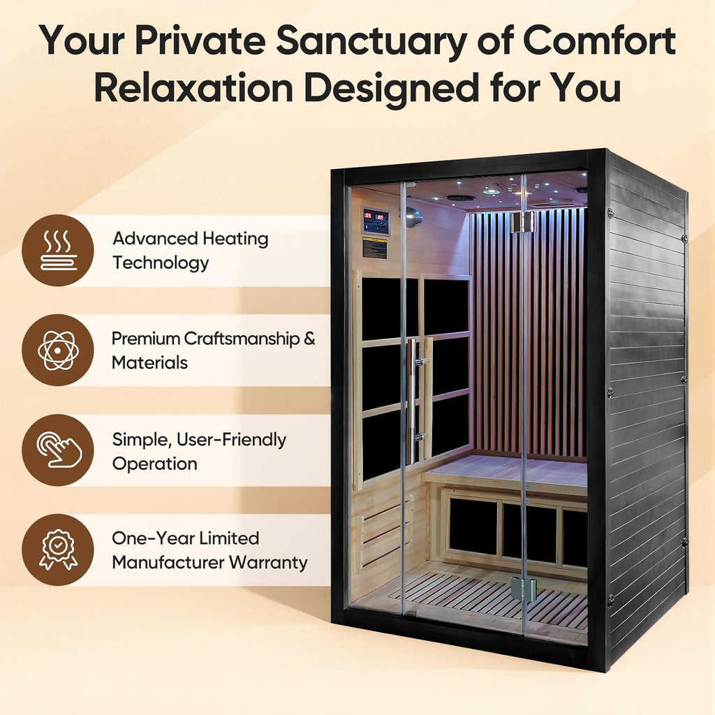 Vyre Sauna for 2 Person, Black - Low EMF FAR Infrared Home Sauna with 6 Carbon Heaters, Red Light Therapy and FM Audio