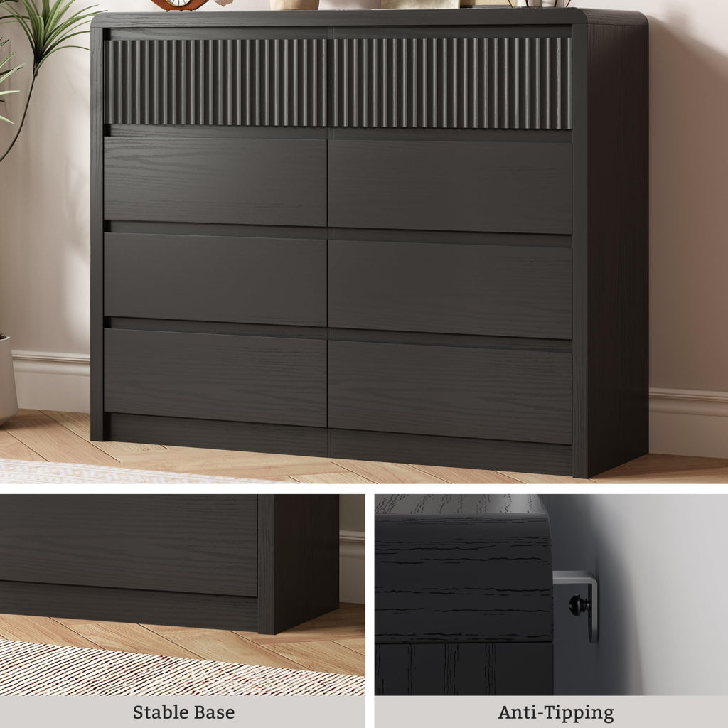 Black Fluted 8 Drawer Dresser, Curved Edge, 50" Wide