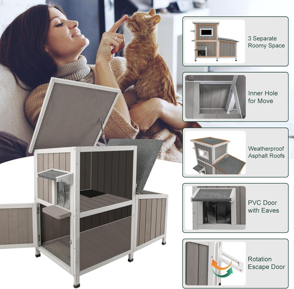 Cat House Outdoor Cat Shelter for 2-3 Feral Cats Two Story Wooden Cat Houses for Outside Cats Weatherproof in 3