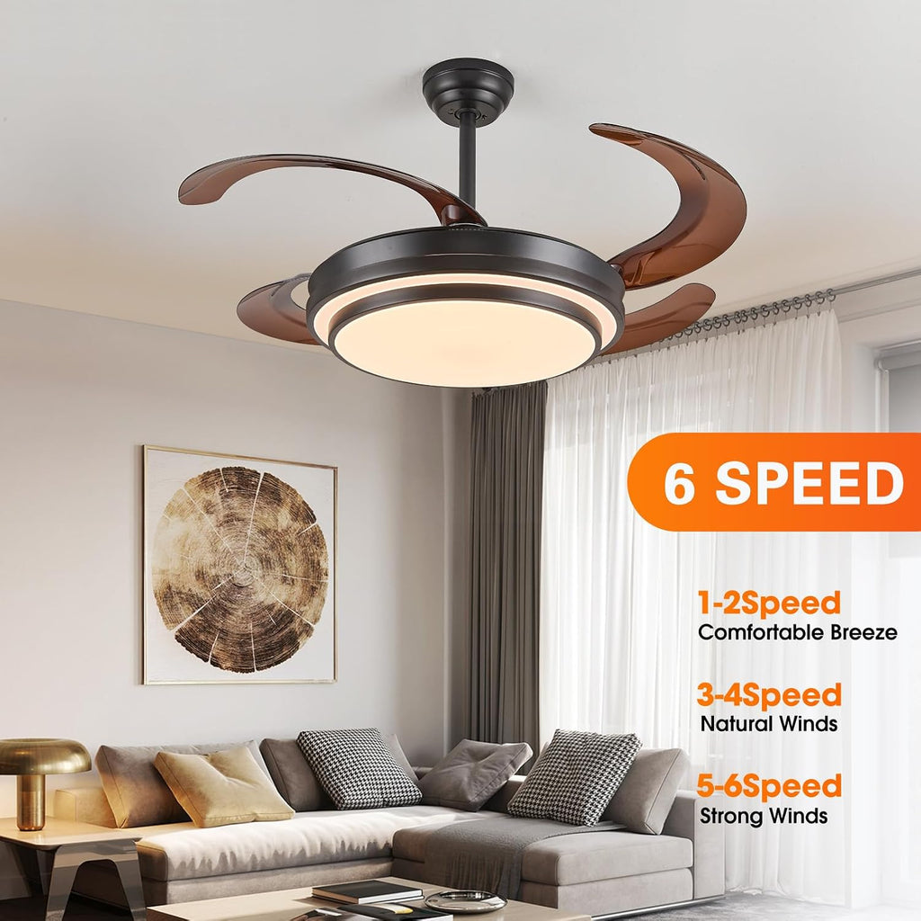 48" Modern Retractable Ceiling Fans with Lights - Black