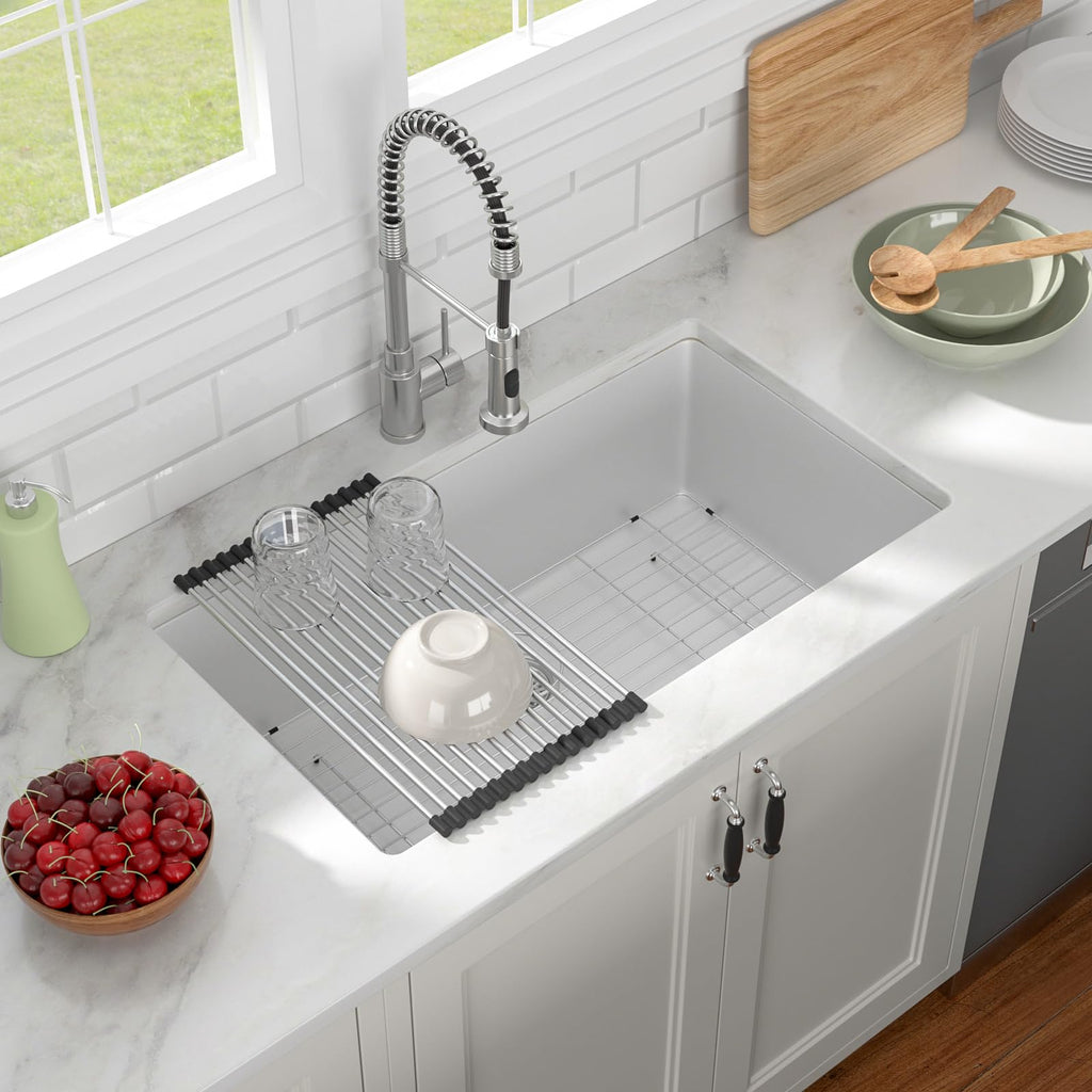 33x19 Inch White Granite Composite Quartz Undermount Single Bowl Kitchen Sink Under Counter Contemporary Kitchen Deep