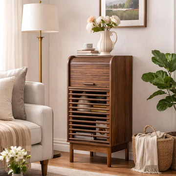 Modern Single-Door Accent Cabinet with Curved Roll-Top and Slatted Door Design, Tall Narrow Storage Cabinet , or Home