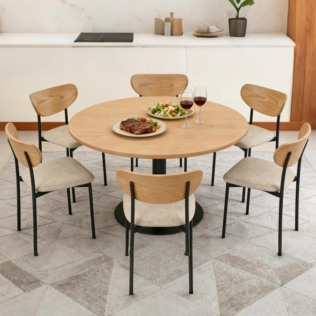 French Retro Fabric Dining Chairs Set of 2, Upholstered Linen Chairs with Round Back and Distressed Wood Frame for Dining Room or Living Room, Dark Beige
