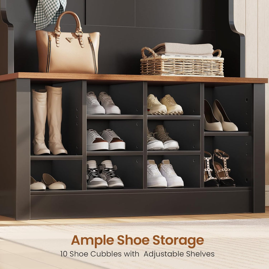 Hall Tree with Bench and Shoe Storage, 3-in-1 Entryway Bench with Coat Rack, Hall Tree with Adjustab