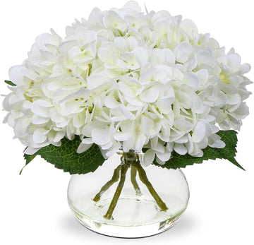 Hydrangea Artificial Flowers with Vase White Silk Fake Flowers Arrangements in Glass Vase with Faux Water Bathroom