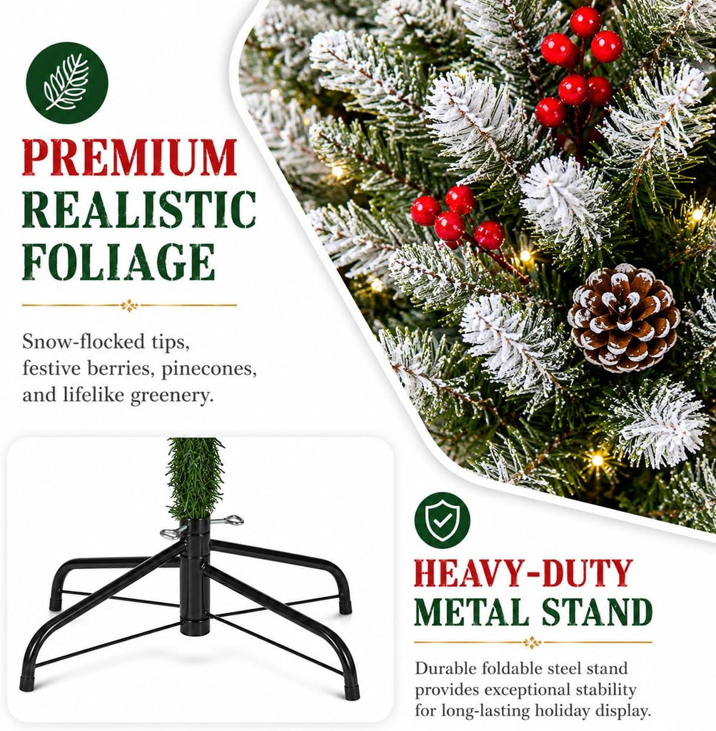 7FT Pre-Lit Artificial Christmas Tree, Snow Flocked Hinged Pine Tree with Warm White Lights, Red Berries & Pine