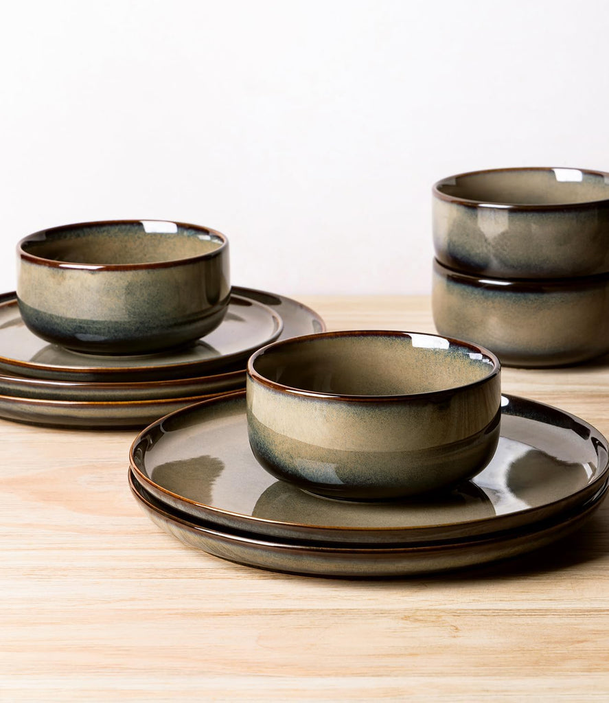 Ceramic Dinnerware Sets for 4, 12 Pieces Handmade Reactive Glaze Plates and Bowls Set, Scratch Resistant Dish Set