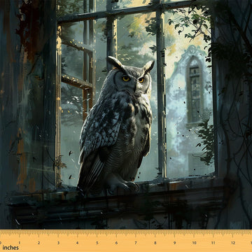 Owl Fabric By The Yard, Window Upholstery Fabric, Rustic Gothic Darkness Halloween Horror Death Mystery Castle Theme