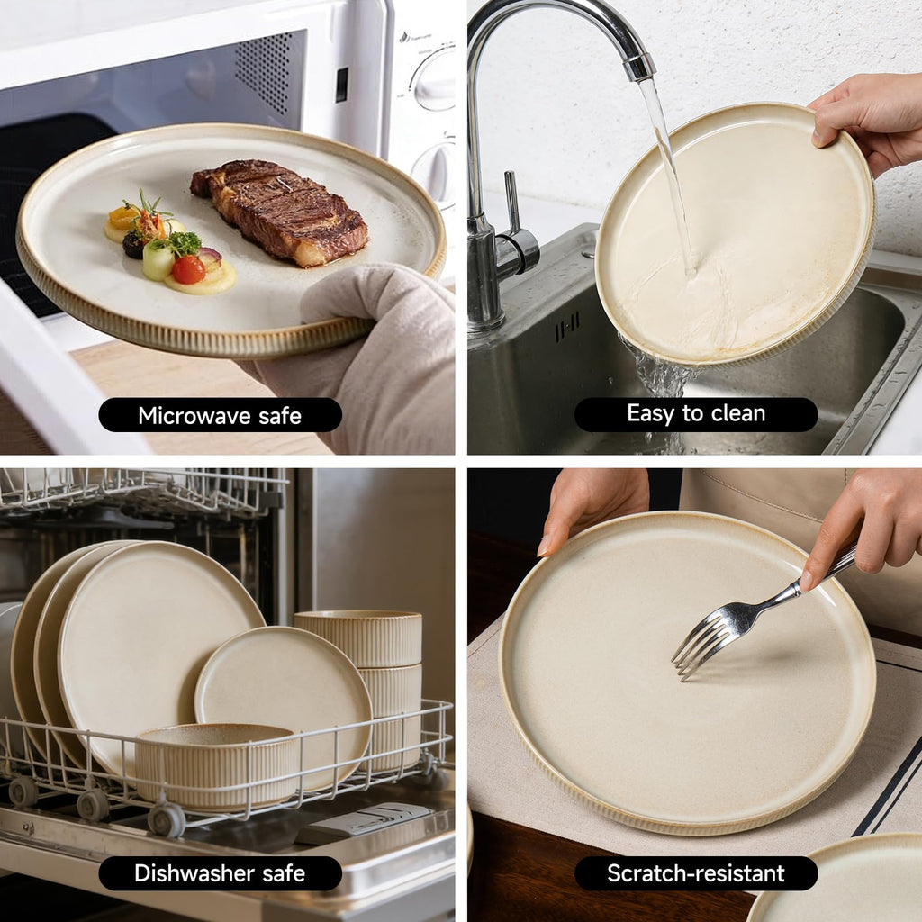 Stoneware Dinnerware Sets for 4, 12Pcs Ribbed Plates and Bowls Set, Beige