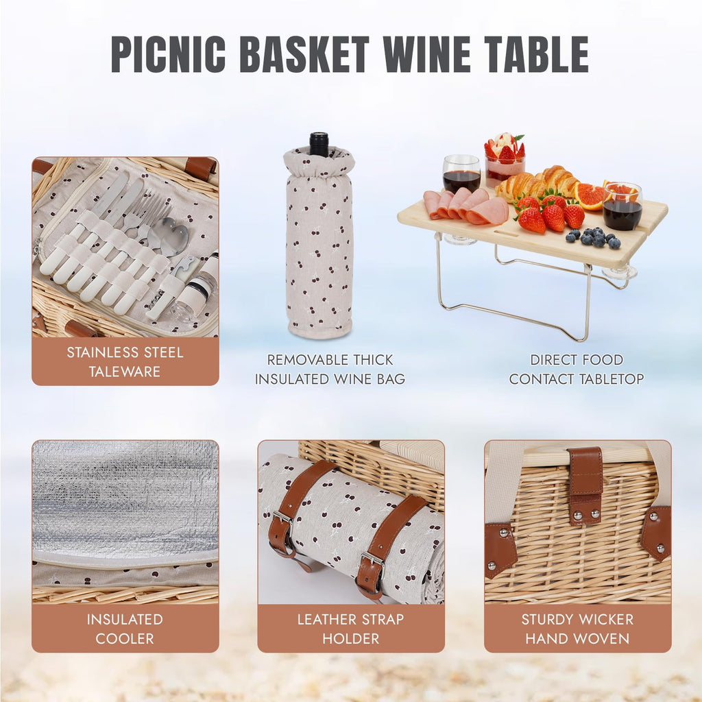 Picnic Basket for 2, Handmade Wicker Picnic Set with Folding Table and Waterproof Blanket, Large Insulated Picnic