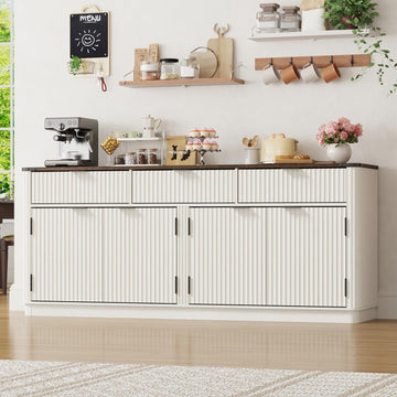 70" Rounded Edge Large Sideboard Buffet Cabinet with 3 Storage Drawers, Farmhouse Kitchen Fluted Sideboard Cabinet w 4