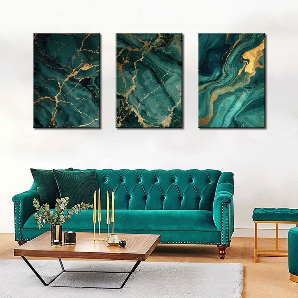 Emerald Green and Gold Canvas Wall Art Set of 3 Abstract Green Gold Marble Fluid Wall Decor Pictures Neutral Modern