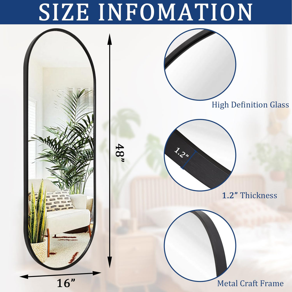 Black Oval Bathroom Full Length Mirror, 48x16'' Pill Shaped Oblong Vanity Wall Mirror, Metal Framed Capsule Aluminum