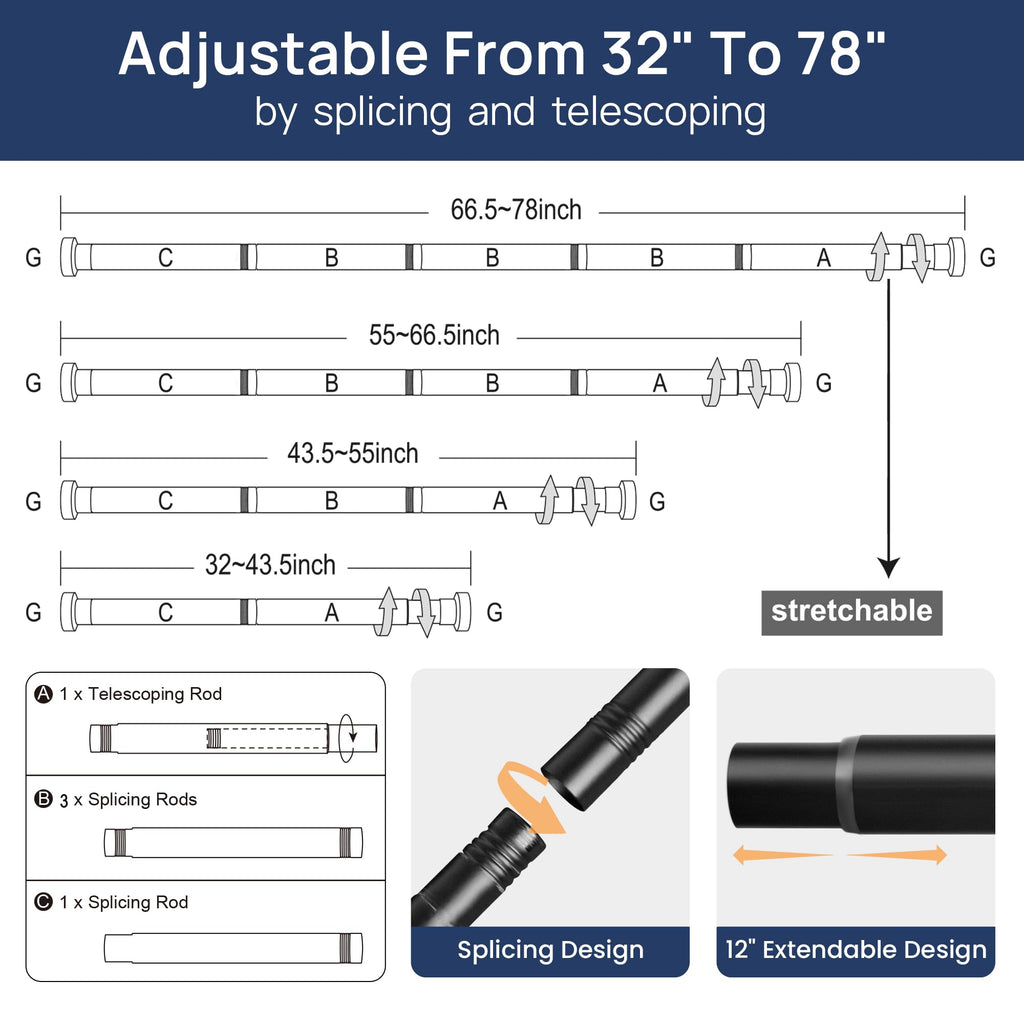 2 Pack Tension Curtain Rod, 32-78" Adjustable, Stable, Black