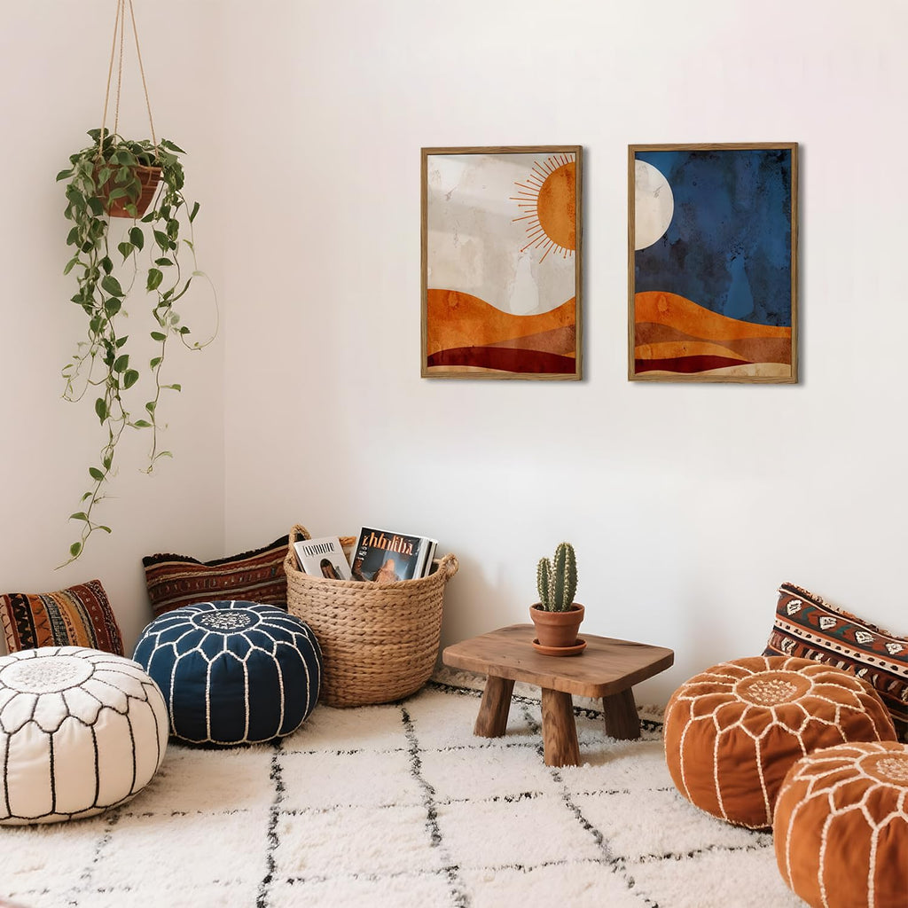 Framed Boho Sun and Moon Canvas Wall Art Set of 2, Vintage Western Desert Landscape Wall Decor Paintings, Mid Century