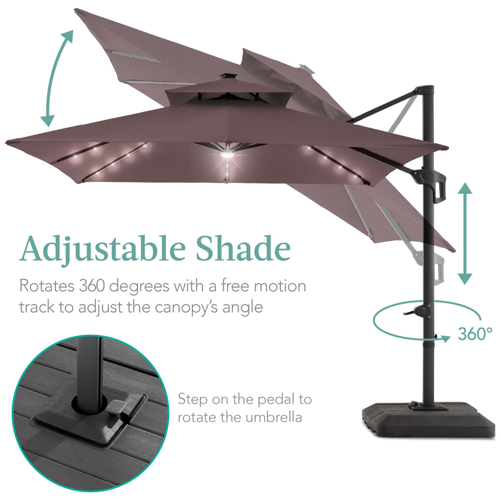10x10ft Cantilever Patio Umbrella w/Base Included, Solar LED Lights 360 Rotation Large Offset Hanging Outdoor Shade