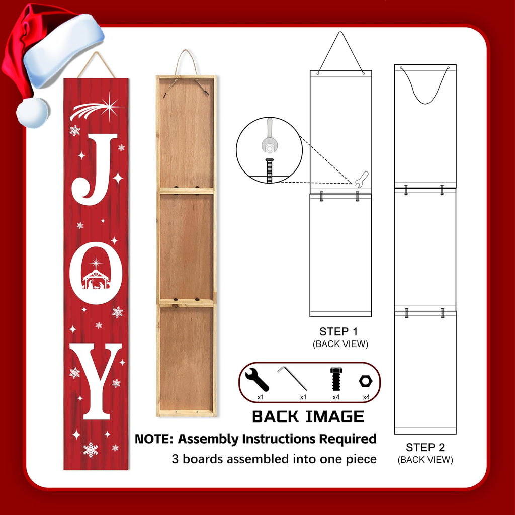 47 Inch Christmas Porch Sign, Large Vertical JOY Wooden Welcome Sign with Snowflakes, 3-Panel Farmhouse Front Door