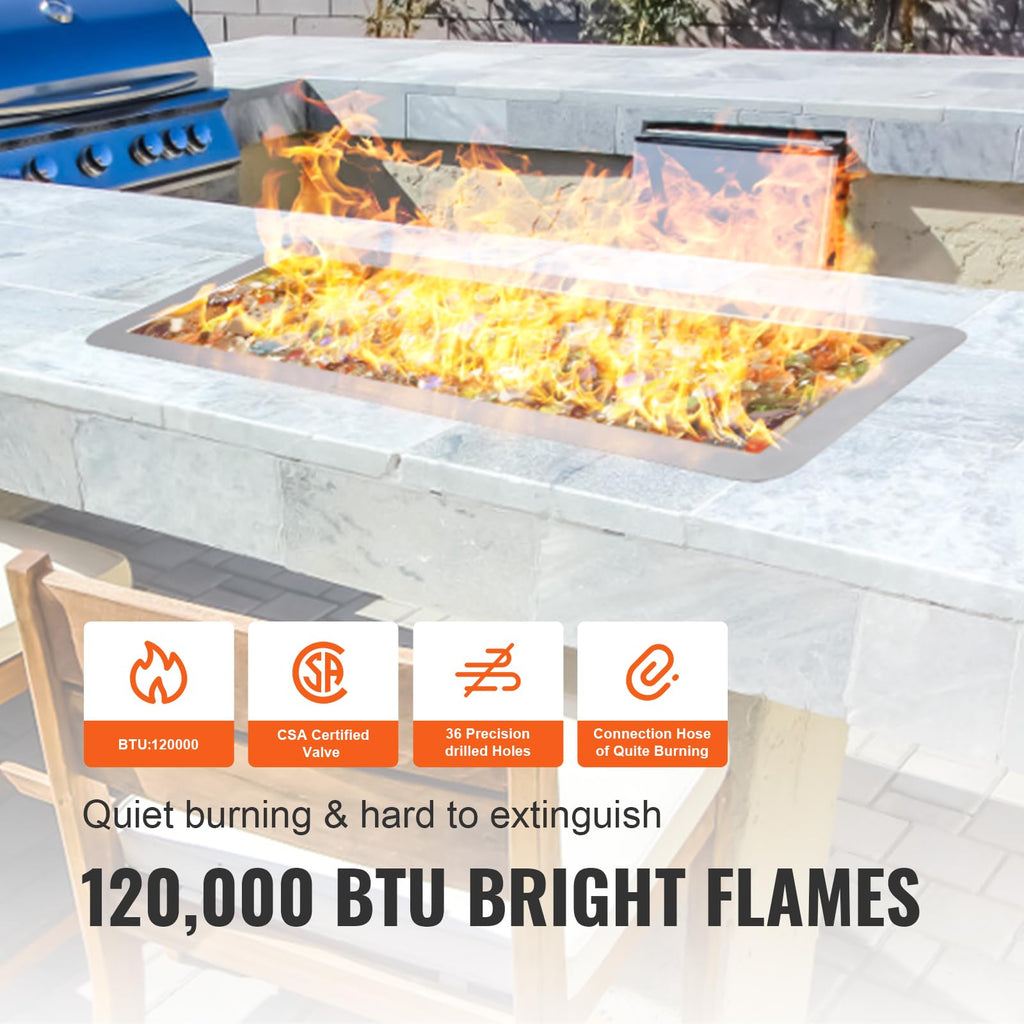 24 x 8 inch Drop-in Fire Pit Pan, Rectangular Stainless Steel Fire Pit Burner Kit, Propane Gas Fire Pan 120, 000 BTU
