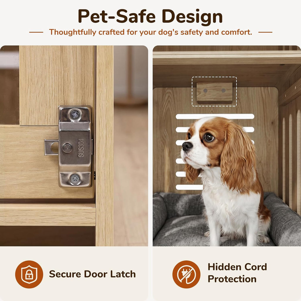 Modern Dog Crate Furniture, Wood Side Table for Small Dogs, Power Outlet