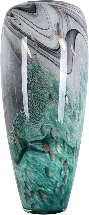 Hand Blown Glass Vase Decor with Organic Swirl Pattern, Art Glass Centerpiece for Table, Shelf or Living Room, Single