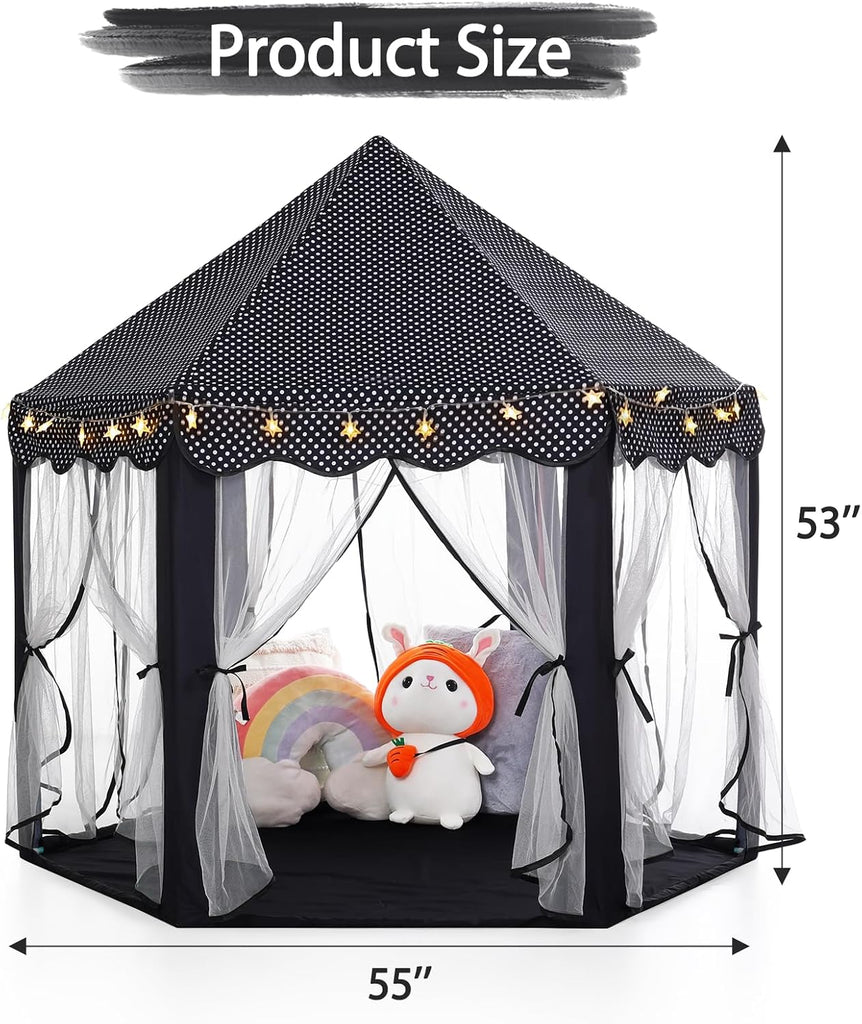 Princess Tent Girls Black Large Playhouse Kids Castle Play Tent with Star Lights Gift Toy for Children Indoor