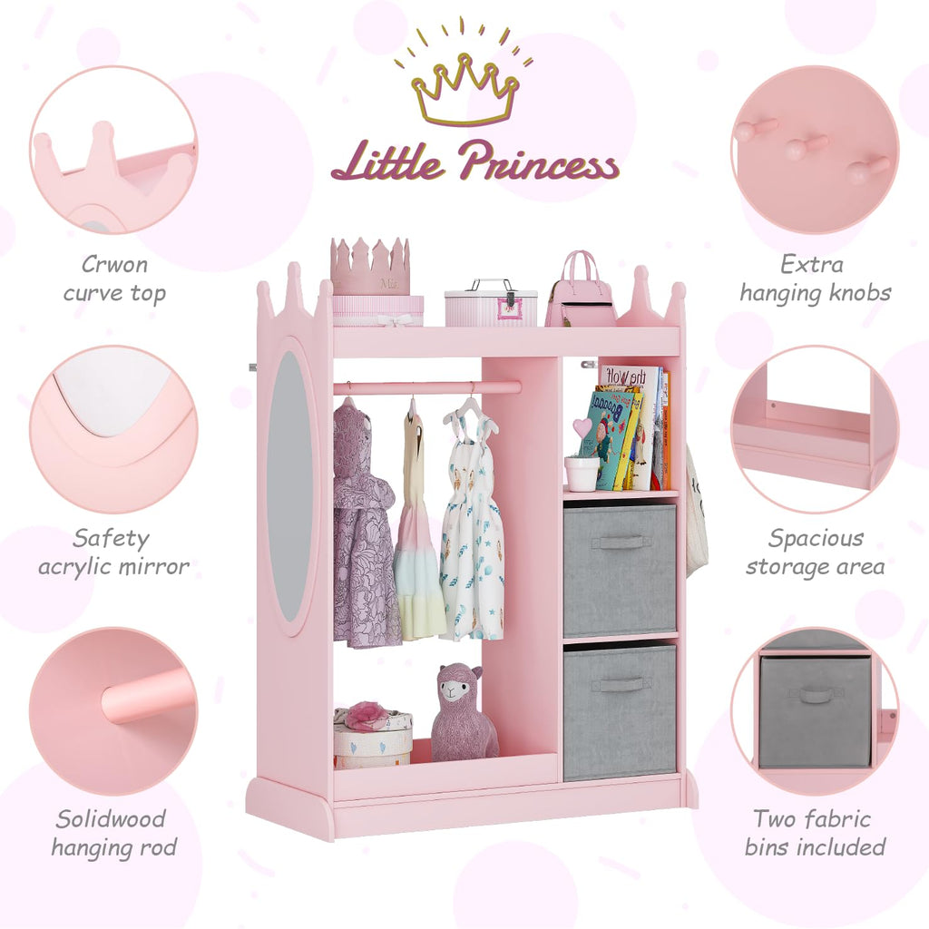 Kids Armoire Wardrobe Closet with Mirror and Storage Bin, Pink, 33.4 in W x 15.75 in D x 44.5 in H