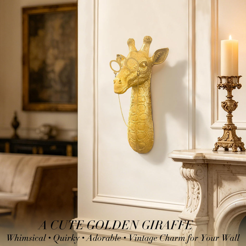 Golden Giraffe Animal Head Wall Decor with Glasses, 11.5X4.5" whimsical Resin Animal Wall Sculpture, Gold Wildlife
