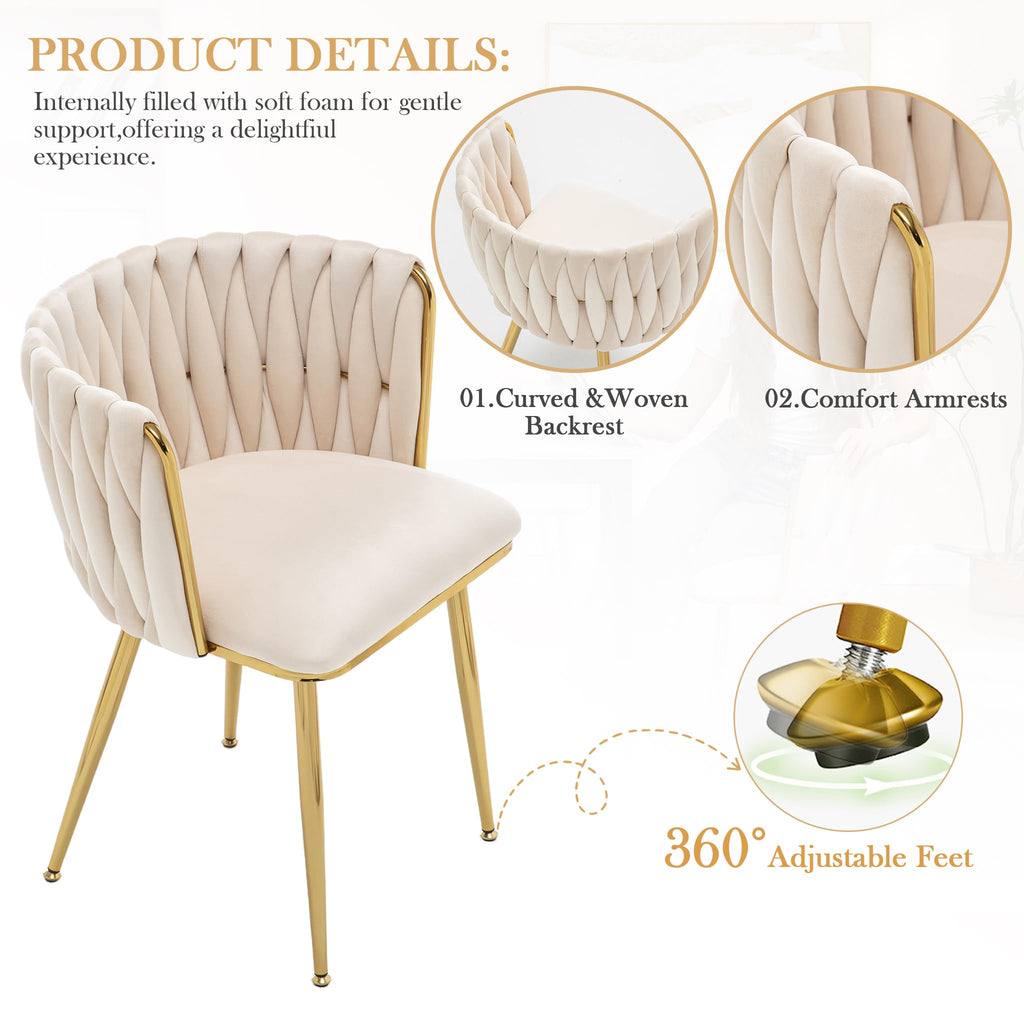 Dining Chairs Set of 2 Upholstered Dining Room Chairs Comfy Velvet Accent Chairs with Gold Metal Legs and Woven Back
