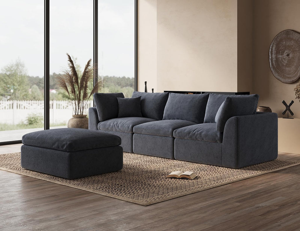 110 Inch Cloud Sectional Couches, Convertible L Shaped Couch with Ottoman, 3 Seater Modular Sectional Sofa, Grey