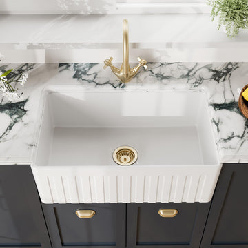 White Kitchen Sink 30 inch Single Bowl Apron Fluted Front Farmhouse Sink with Central Drain Position, Fireclay