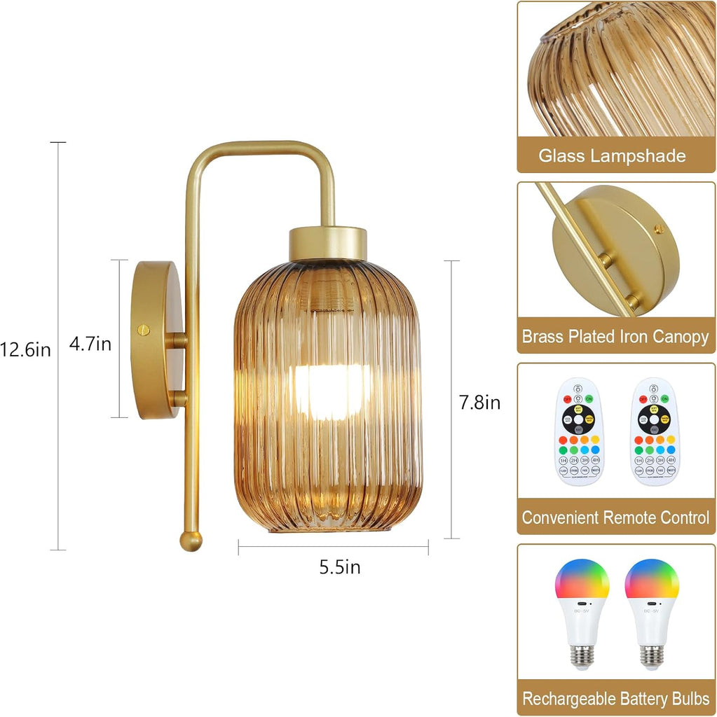 Vintage Gold Wireless Wall Sconces Battery Operated, Rechargeable Wall Lights Set of 2 with Amber Stripe Glass Shade