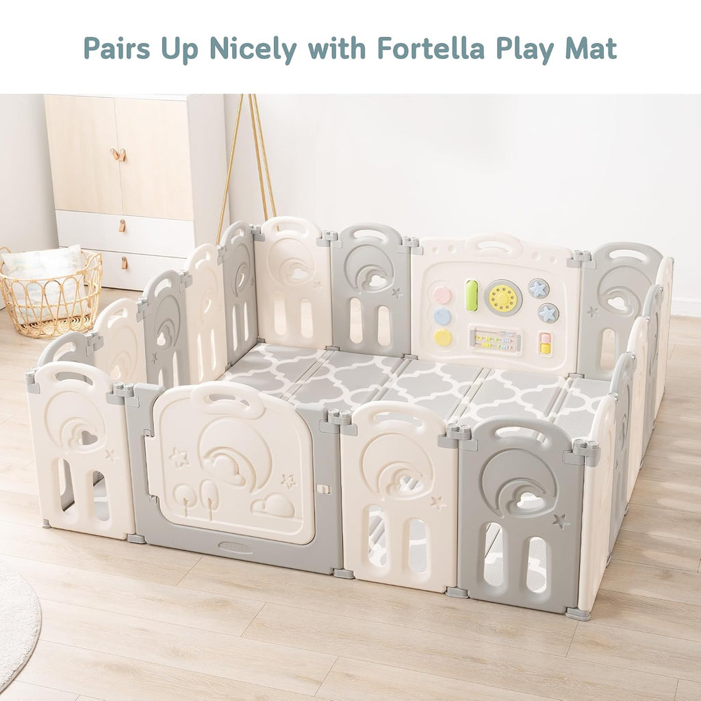 Cloud Castle Large 14-Panel Baby Playpen for Babies Toddlers, Gray | Foldable Safety Play Yard Enclosure and Fence