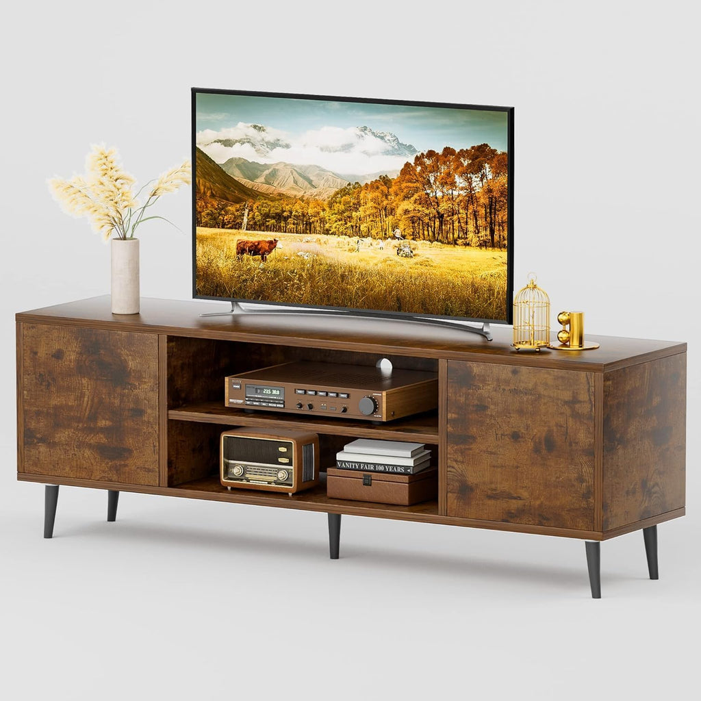 TV Stand for 65 Inch TV, Mid Century Modern TV Stand, Entertainment Center with Storage Cabinet and Open Shelves, TV