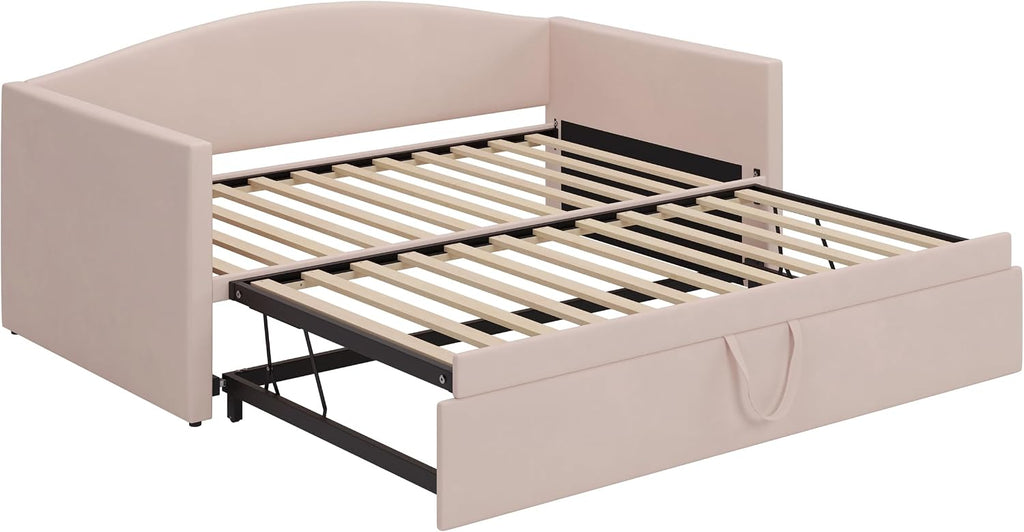 Twin Velvet Daybed with Extended Pop-Up Trundle, Pink | Upholstered Sofa Bed with Space-Saving Twin-to-King Design