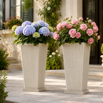 24" Tall Planters for Outdoor Plants Set of 2 Square Fluted, Beige