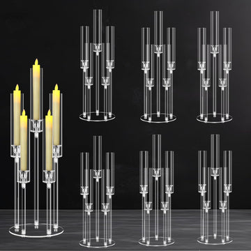 6 Sets 5 Arms Acrylic Candelabra Centerpieces for Tables,Clear Candle Holder,Ceremony Dinner Party, 27" Tall