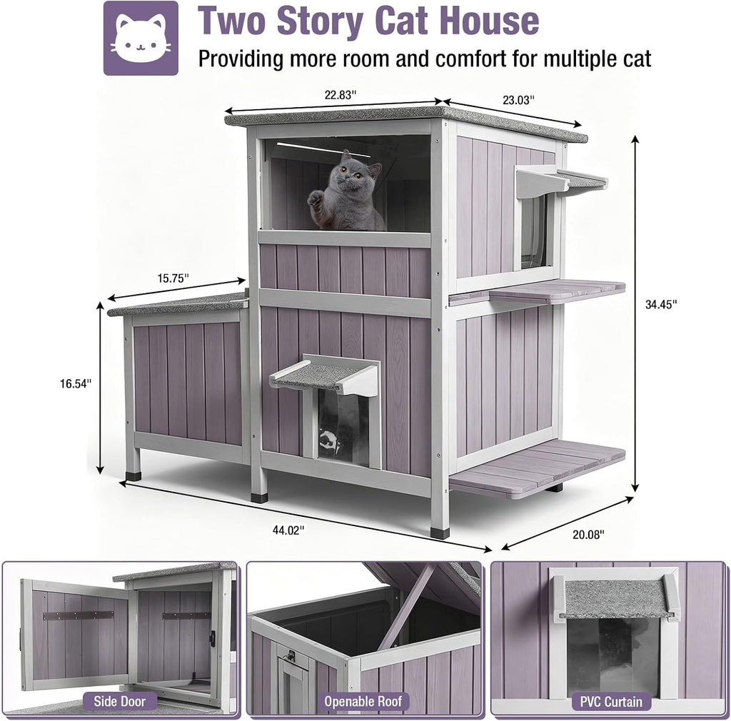 Outdoor Cat House Weatherproof for Winter, 9.78 ft2 2-Story Wooden Feral Cat Shelter with Waterproof Roof, Escape