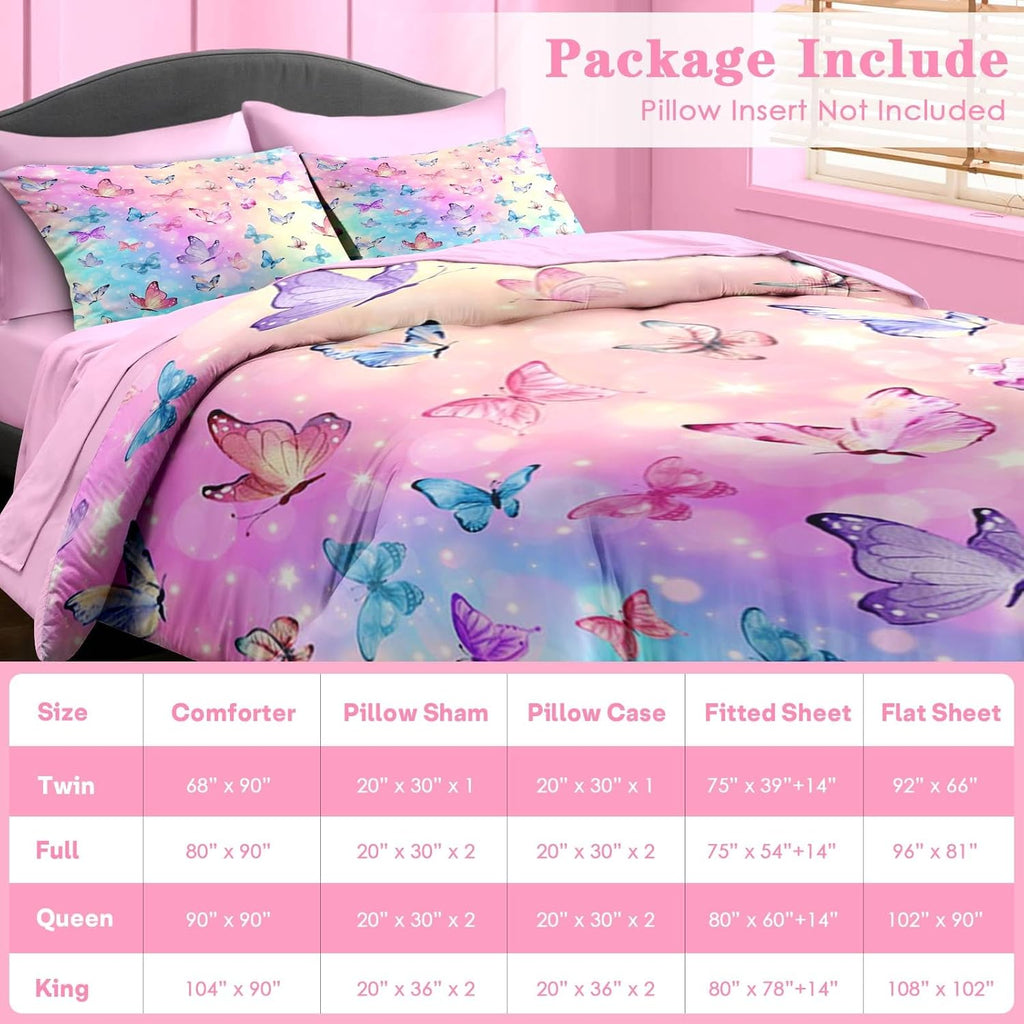 Comforter Set Twin, Pink Blue Butterfly 5 Pcs Bedding for Kids and Adults, Colorful Rainbow Bed Sheet Sets with
