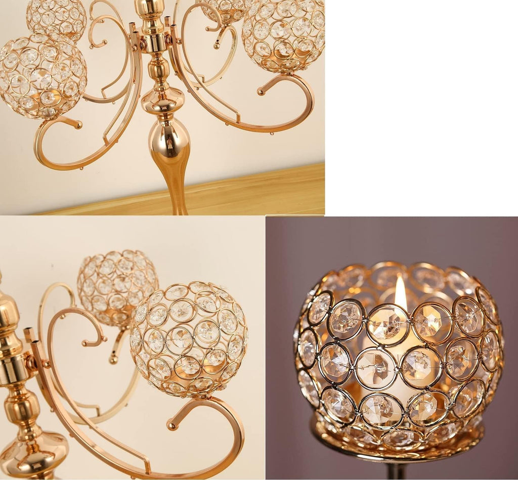 Gold Centerpiece for Table, 25.6in Candle Holder for Table Centerpieces, 5Arms Tall Crystal Candelabra Candle Holder