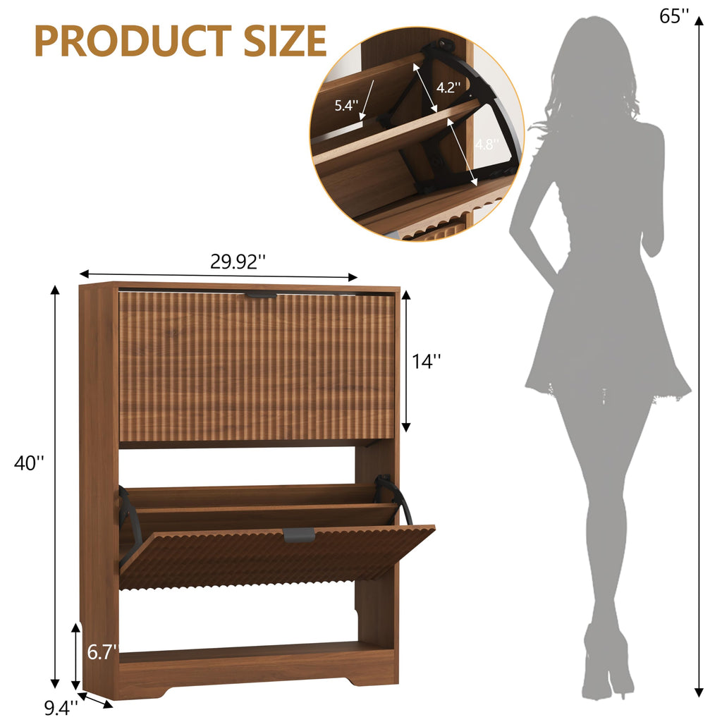 Shoe Cabinet Storage with 2 Flip Drawers, Walnut Fluted Shoe Cabinet with Open Storage, Wooden Hidden Shoe Rack