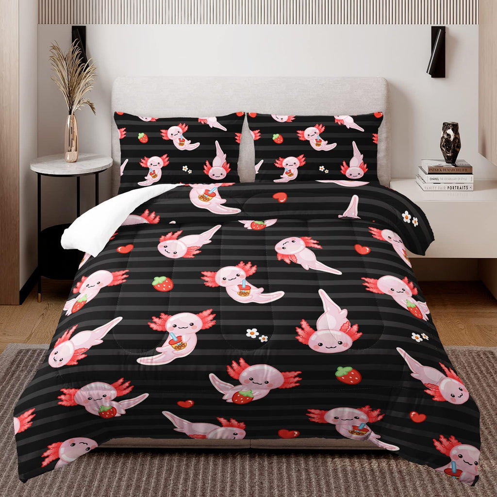 Kids Black Full Comforter Sets 3 Pieces,Cartoon Bedding Sea Wildlife Cute Animals Theme Room Decor,Kawaii Bedding Set