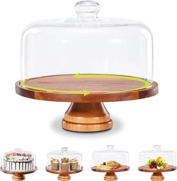 Cake Stand with Lid: 11in Rotating Wooden Cake Holder w/Glass Dome