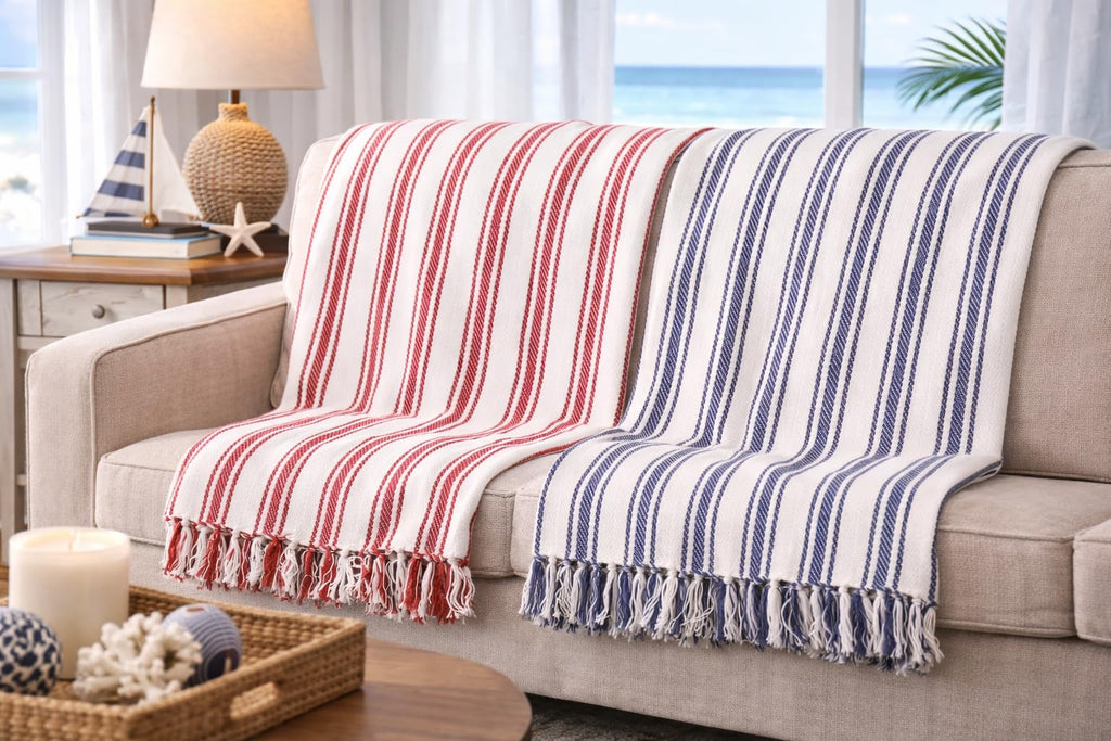 Ticking Stripe Navy Blue & White Cotton Throw Blanket 50" x 60"