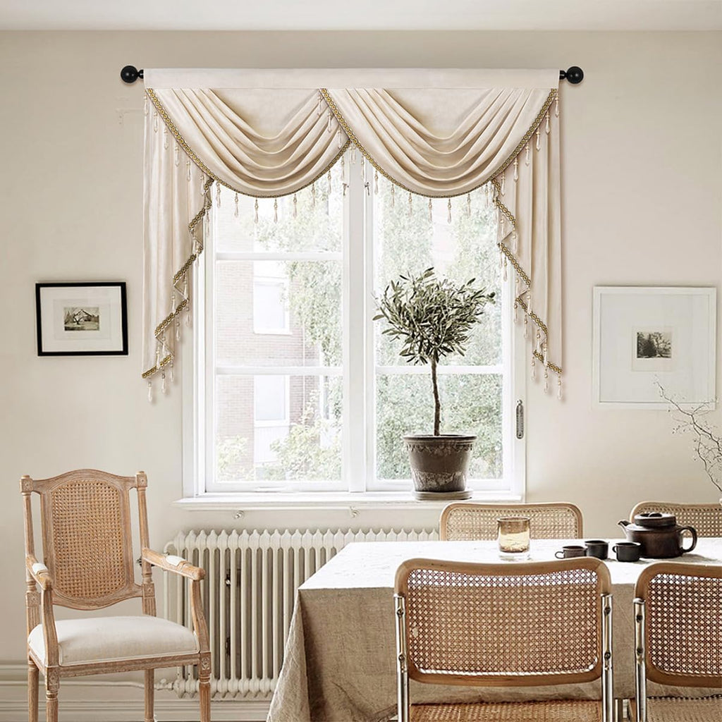 Luxury Cream Velvet Curtain Valances for Living Room with Beads(59inch,1 Panel)