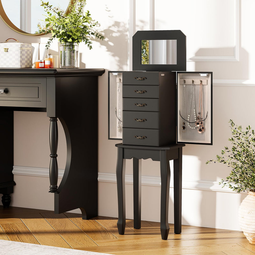 Standing Jewelry Armoire, Space-Saving Jewelry Organizer Chest (Black)
