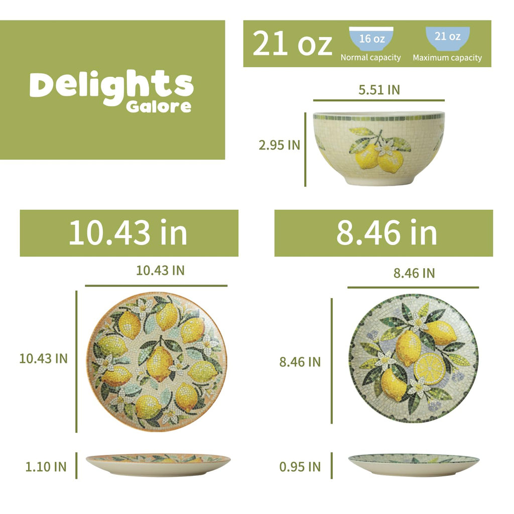 12-Piece Ceramic Dinnerware Set for 4, Lemon Mosaic Printed Plates and Bowls Set, Mediterranean Style Matte Stoneware