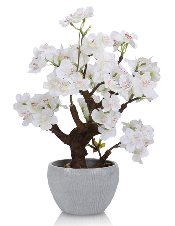Artificial White Cherry Blossom Potted Plant with Stone Pot, 12.6" Fake Flowers Potted Faux Plant Desk Decor