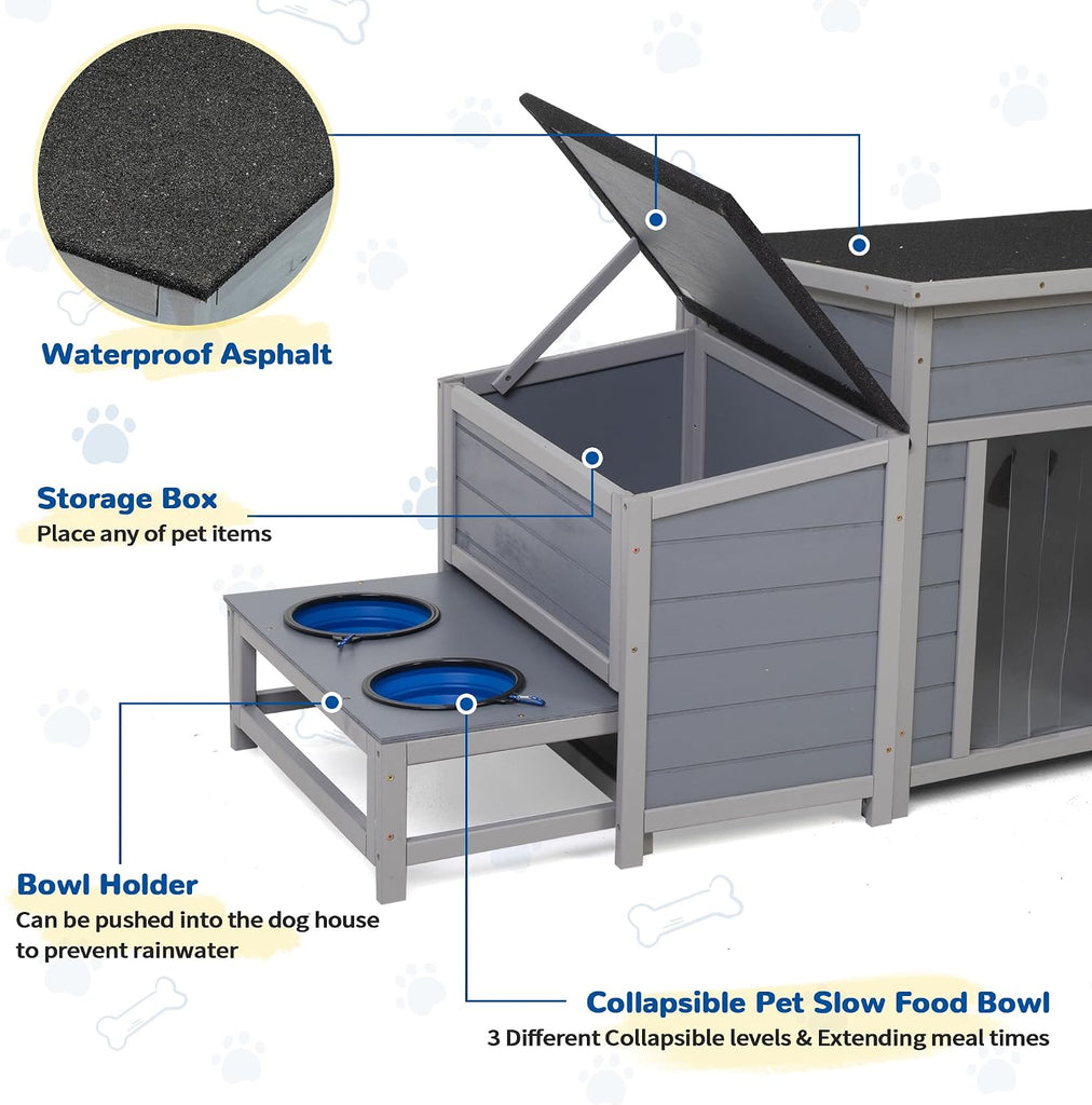 Large Dog House Outdoor, 59" Wooden Insulated Pet Kennel with Asphalt Roof, Weatherproof Pets Shelter with Slow Food