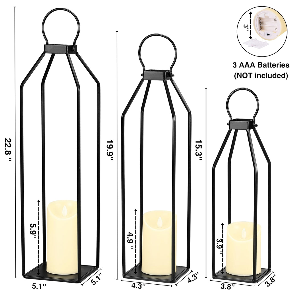 Modern Farmhouse Lanterns, Set of 3 Black Metal Lanterns w/ 6hr Timer Flickering Flameless Candles, Decorative for