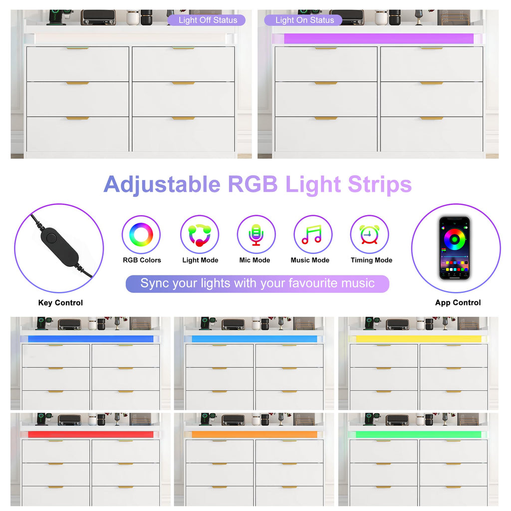 6 Drawer, White with LED Lights and Power Outlet, Wooden Dressers Chests of Drawers, Double Wide Dressers